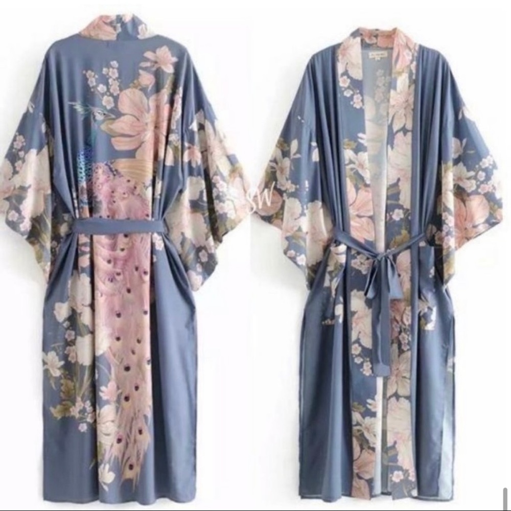 New! Blue Pink Peacock Print Kimono Oversized Front Pocket’s Side Slits - Picture 8 of 8